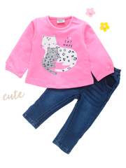 Full Sleeve Top with Full Denim - Pink Cat