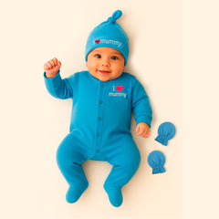 Full Sleeve Cotton Sleepsuit/Bodysuit with Matching Cap & Mittens for Newborn Babies