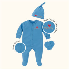 Full Sleeve Cotton Sleepsuit/Bodysuit with Matching Cap & Mittens for Newborn Babies