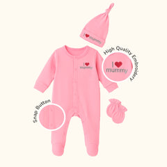 Full Sleeve Cotton Sleepsuit/Bodysuit with Matching Cap & Mittens for Newborn Babies