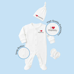 Full Sleeve Cotton Sleepsuit/Bodysuit with Matching Cap & Mittens for Newborn Babies