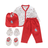 Products 5 Pcs infant gift set, full sleeves front open vest, diaper pajama, bib, mitten, bootie, Red