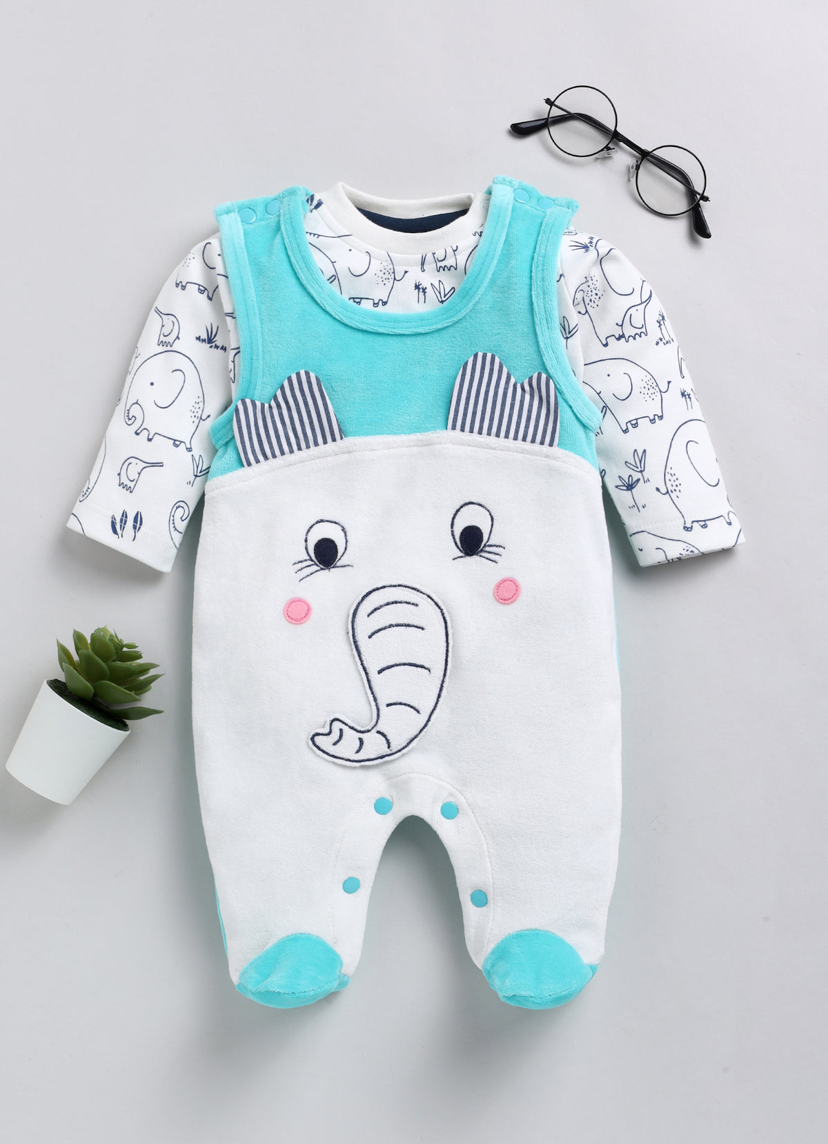 Full Sleeve Top with Velour Romper - Green Elephant