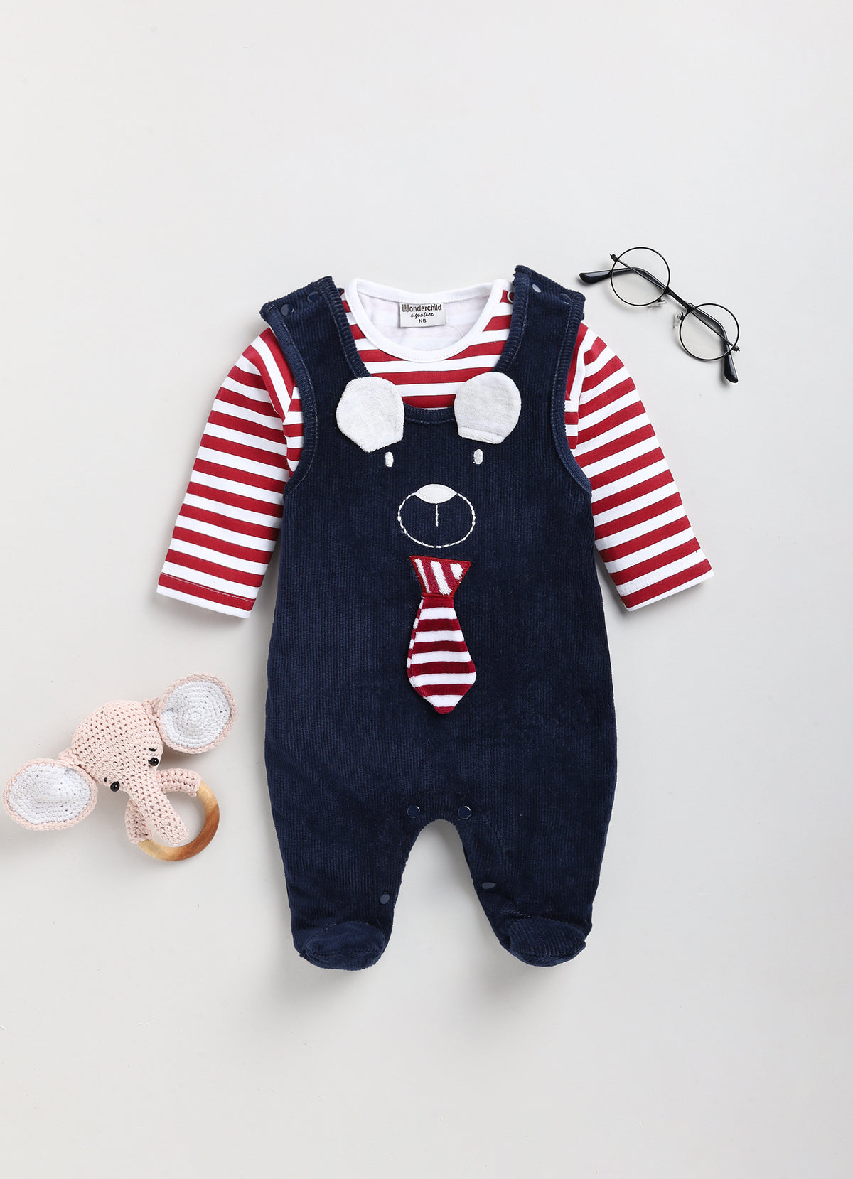 Boys Striped Top with Full Romper - Dog Tie