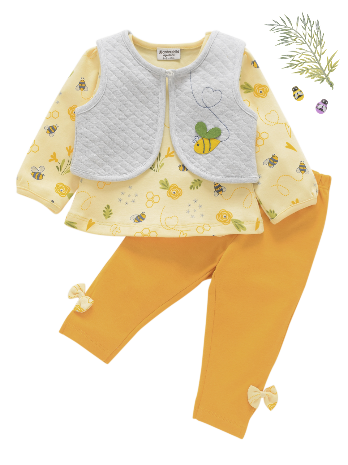 Girls Full Sleeve Dress Shrug with Pant - Honey Bee