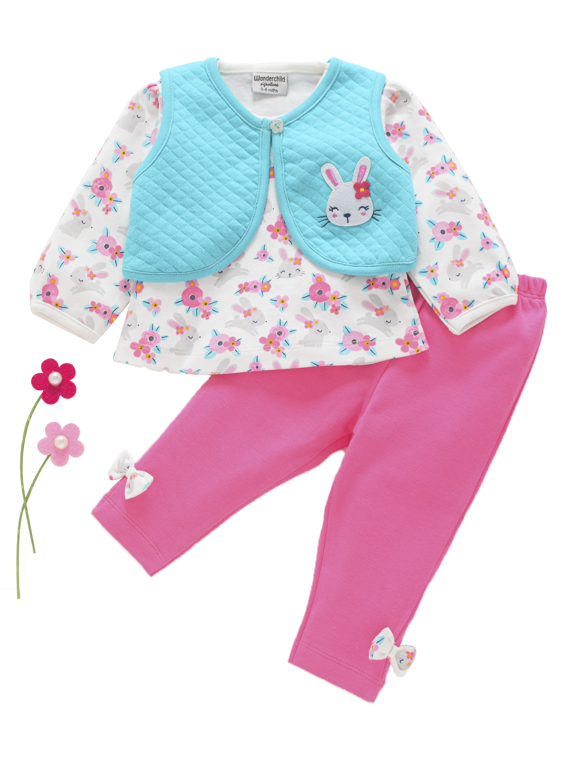 Girls Full Sleeve Top with Legging - Pink Rabbit Flowers