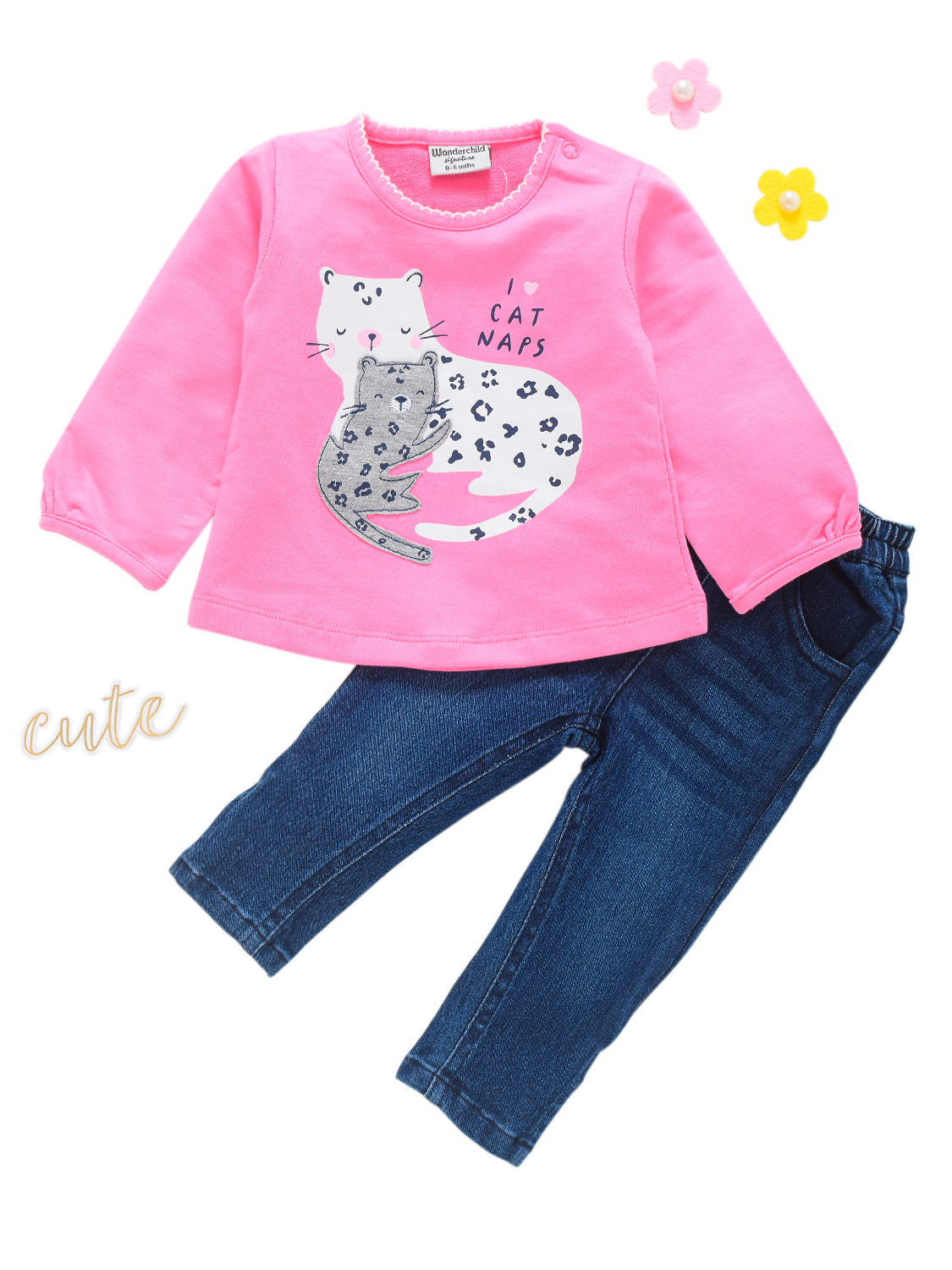 Full Sleeve Top with Full Denim - Pink Cat