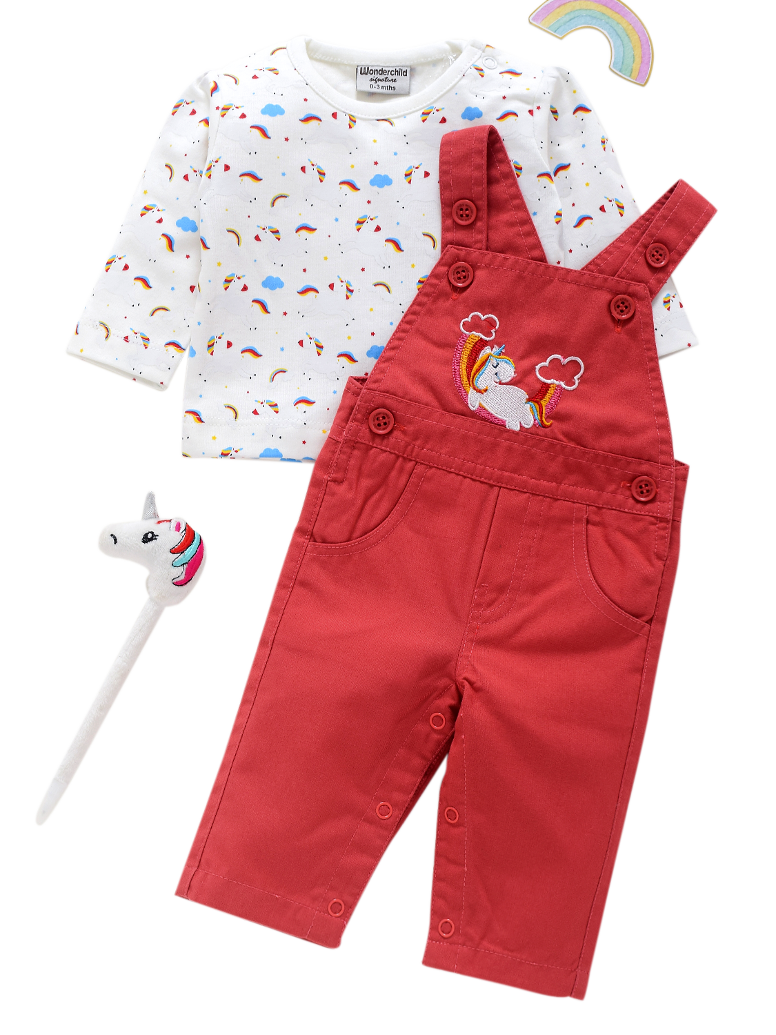 Girls Dungaree - Red Unicorn