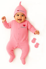 Full Sleeve Cotton Sleepsuit/Bodysuit with Matching Cap & Mittens for Newborn Babies